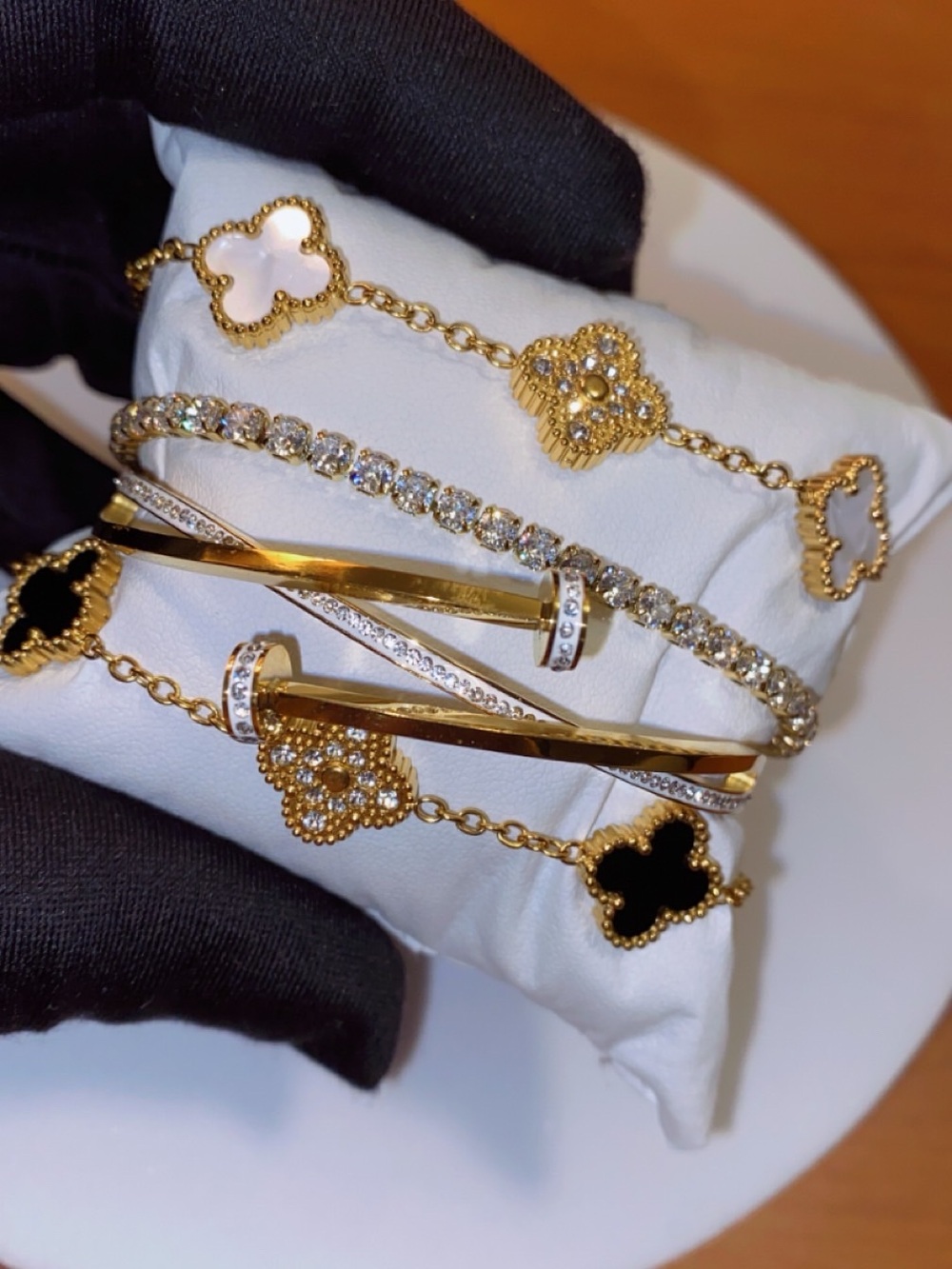 4PC Gold Stacked Bracelet Set with CZ Accents